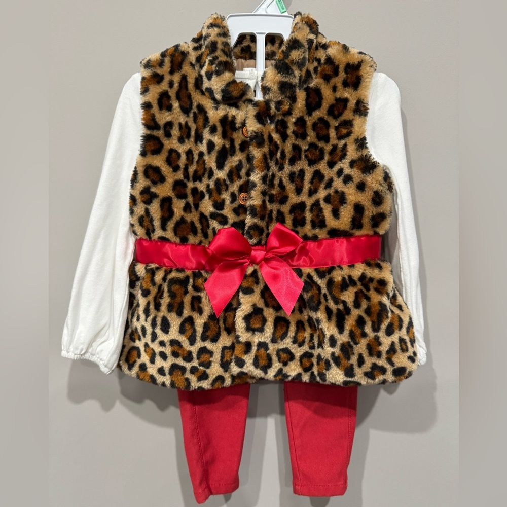 BCBG Girls 3 Piece Outfit 18 Months Faux Fur Animal Print Vest